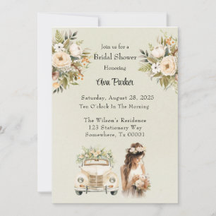 Light Green Vintage Car Florals Bridal Shower Invitation