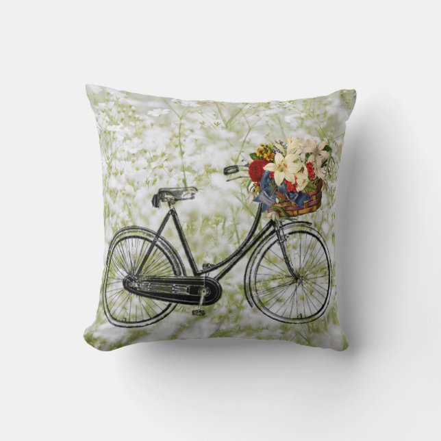 Light green white bicycle flower  Throw pillow (Front)