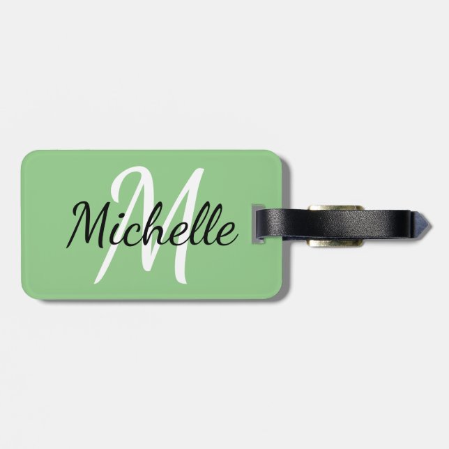Light Green & White Custom Monogram Luggage Tag (Back Horizontal)