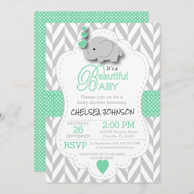 Light Green, White Grey Elephant Baby Shower Invitation (Front/Back)