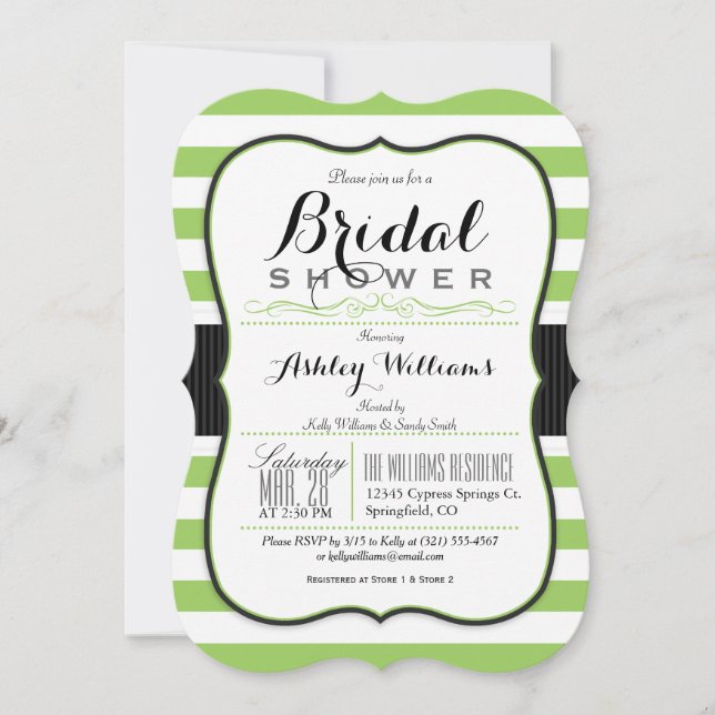 Light Green & White Stripes; Elegant Bridal Shower Invitation (Front)