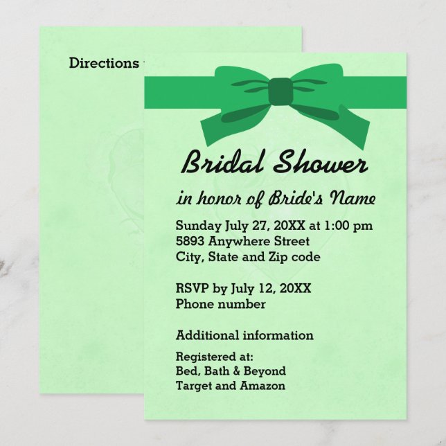 Light Green with Heart & Green Bow Bridal Shower Invitation (Front/Back)