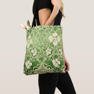 LIGHT GREEN WITH LACE LOOK IRISH CELTIC SHAMROCKS TOTE BAG