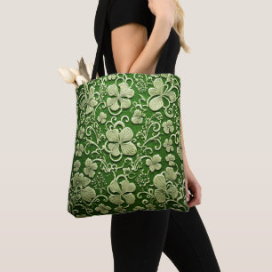 LIGHT GREEN WITH LACE LOOK IRISH CELTIC SHAMROCKS TOTE BAG