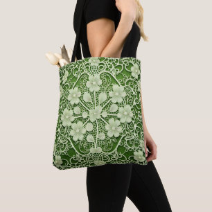 LIGHT GREEN WITH LACE LOOK IRISH CELTIC SHAMROCKS TOTE BAG