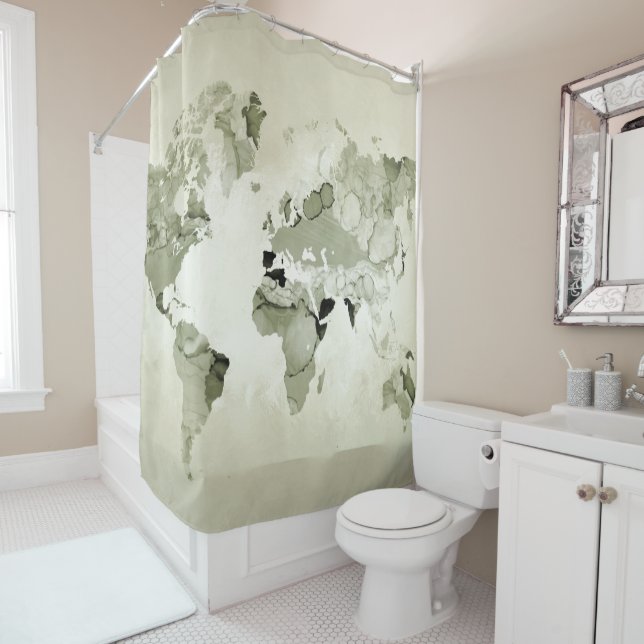Light Green World Map Design 123 Shower Curtain (In Situ)