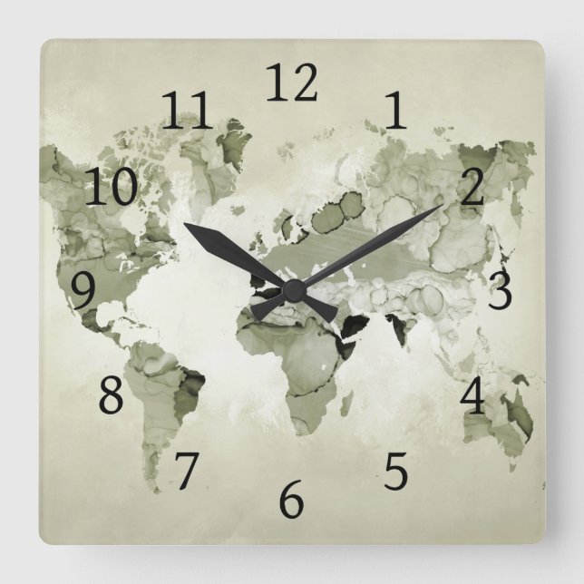 Light Green World Map Design 123 Square Wall Clock (Front)