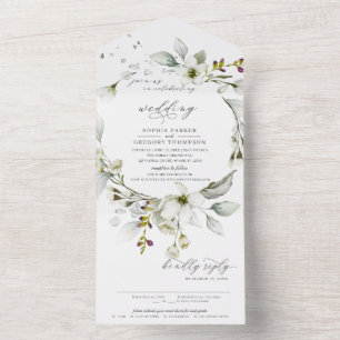 Light Greenery   Floral White Calligraphic Wedding All In One Invitation