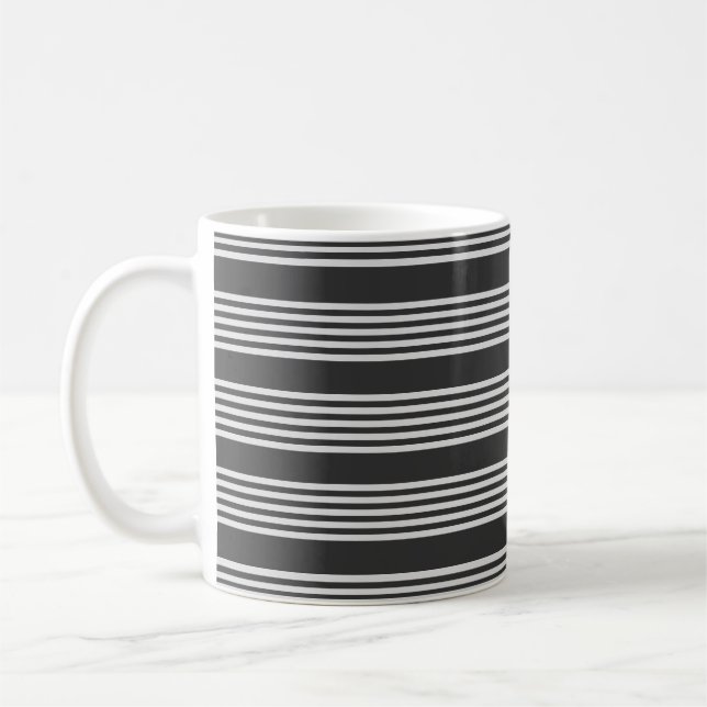 Light grey and charcoal five stripes pattern coffee mug (Left)