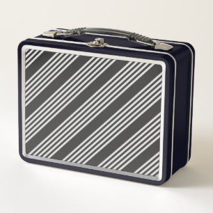 Light grey and charcoal five stripes pattern metal lunch box
