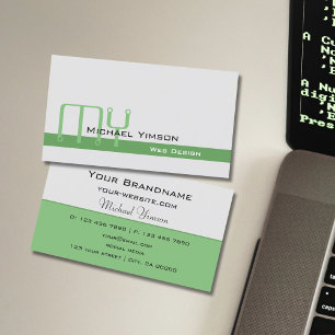 Light Grey and Green with Monogram Professional Business Card