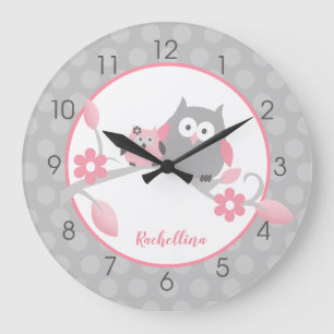 Light Grey and Pink Happy Owls Girl Nursery Large Clock