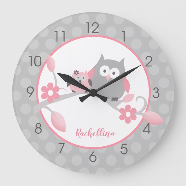 Light Grey and Pink Happy Owls Girl Nursery Large Clock (Front)