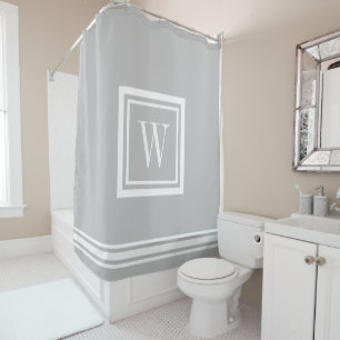 Light Grey and White Classic Square Monogram Shower Curtain
