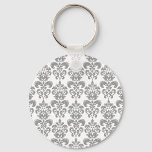 LIGHT GREY AND WHITE DAMASK PATTERN 2 KEY RING
