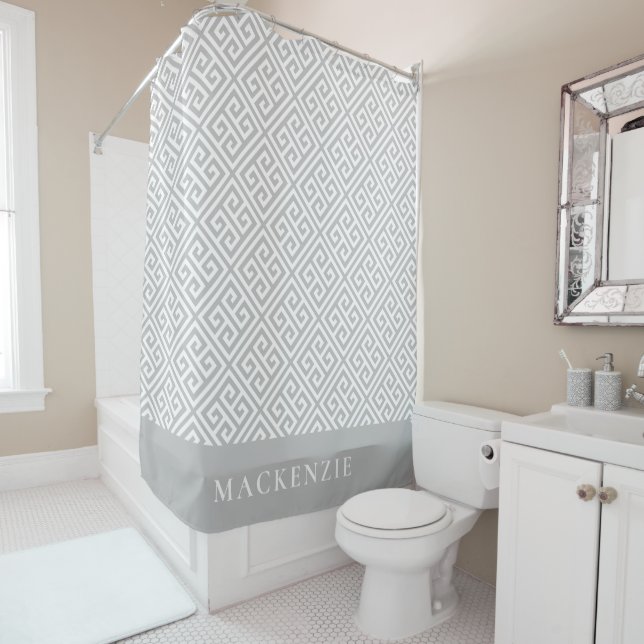 Light Grey and White Greek Key Name Monogram Shower Curtain (In Situ)