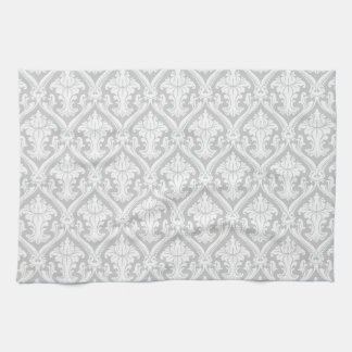 Light Grey and White Vintage Damask Pattern Tea Towel