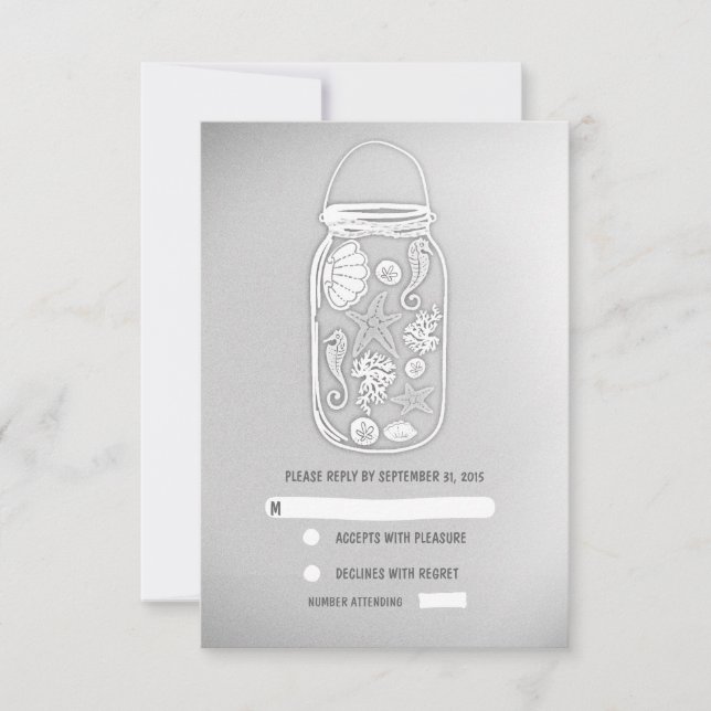 light grey beach mason jar wedding RSVP cards (Front)