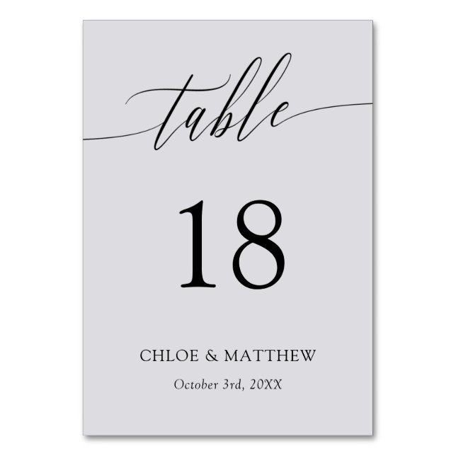 Light Grey Black Calligraphy Names & Wedding Date Table Number (Front)