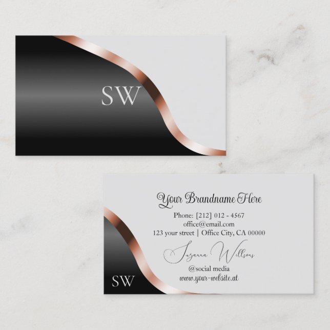Light Grey Black Wavy Rose Gold Decor Monogrammed Business Card (Front/Back)