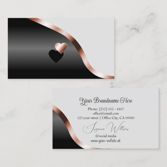 Light Grey Black Wavy Rose Gold Decor with Hearts Business Card (Front/Back)