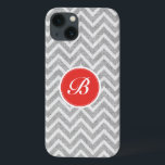 Light Grey Chevron Pattern Linen Texture Monogram iPhone 13 Case<br><div class="desc">Elegant light grey and white retro chevron geometric seamless pattern with linen texture and customisable and optional monogram. Touch of orange-red.</div>