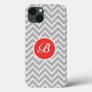 Light Grey Chevron Pattern Linen Texture Monogram iPhone 13 Case