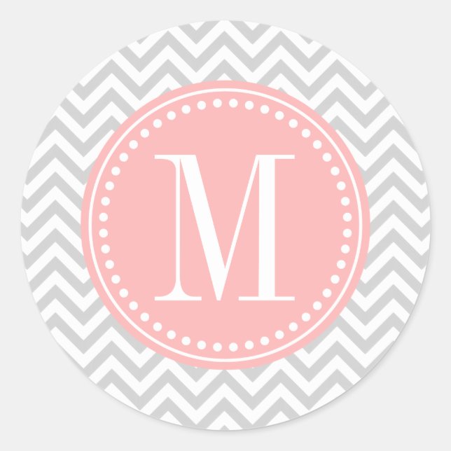 Light Grey Chevron Zigzag Personalised Monogram Classic Round Sticker (Front)