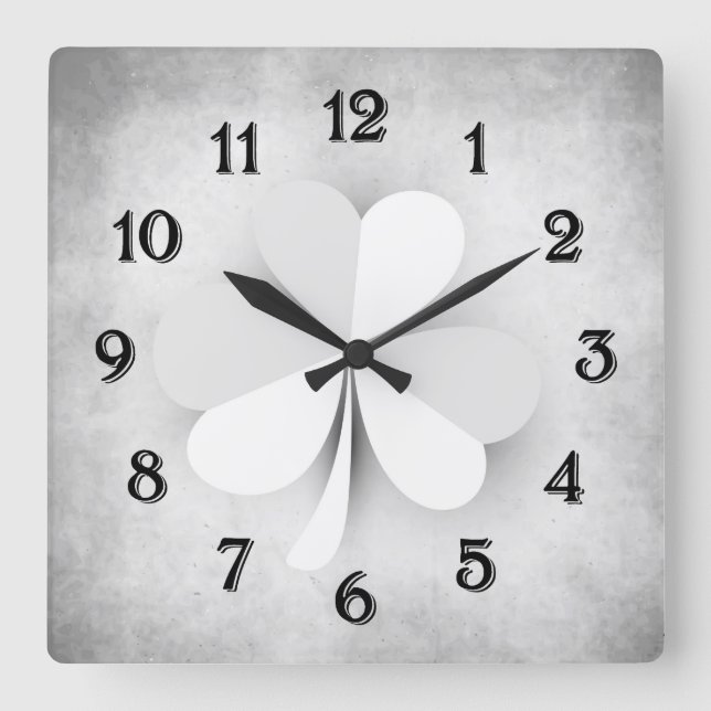 Light Grey Clover with Heart Shaped Leaves Irish Square Wall Clock (Front)