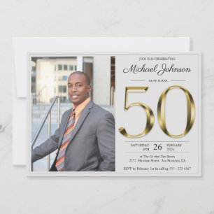 Light Grey Custom Photo Solid Gold 50th Birthday Invitation