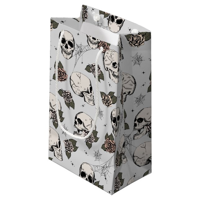 Light Grey Elegant Dark Halloween Skull Small Gift Bag (Front Angled)
