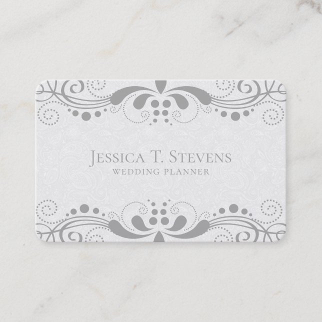Light-grey floral swirly lace business card (Front)