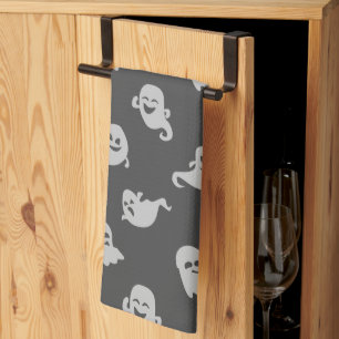 Light Grey Ghosts Dark Grey Halloween Tea Towel