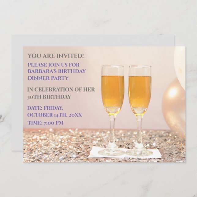 Light grey gold 30th birthday champagne  invitation (Front/Back)