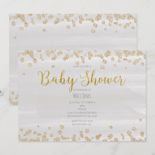 Light Grey & Gold Sprinkle Baby Shower Invitations (Front/Back)