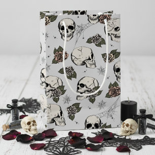 Light Grey Gothic Skulls and Roses Halloween Small Gift Bag