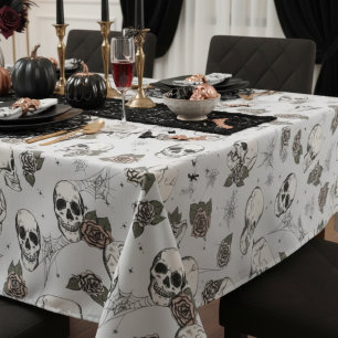 Light Grey Gothic Skulls and Roses Halloween Tablecloth