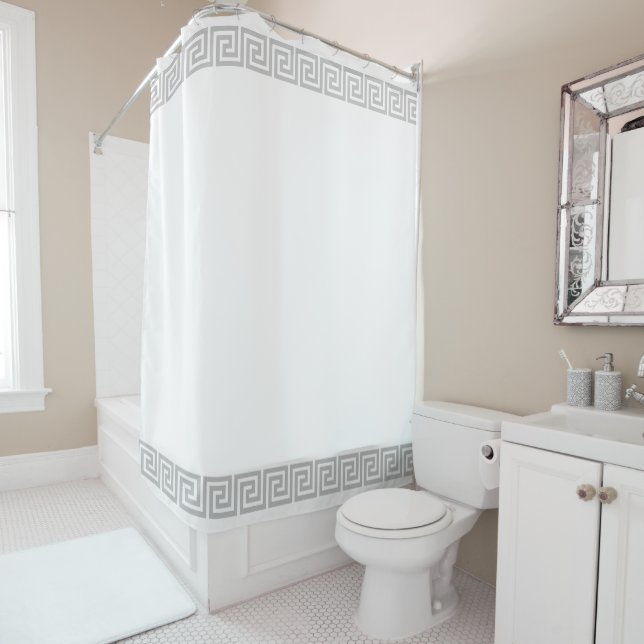 Light Grey Greek Pattern on White Shower Curtain (In Situ)