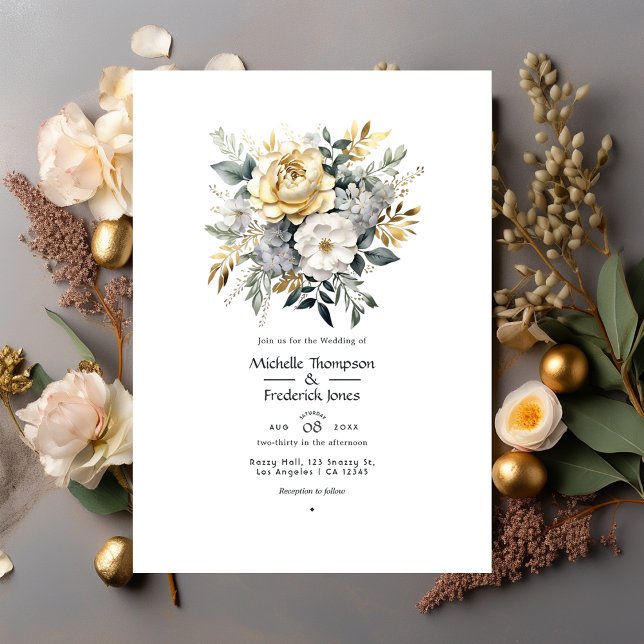 Light Grey, Greenery and Faux Foil Gold Wedding Invitation (Creator Uploaded)