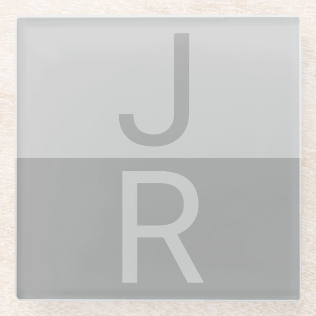 Light Grey & Grey Modern Initials Monogram Glass Coaster (Front)