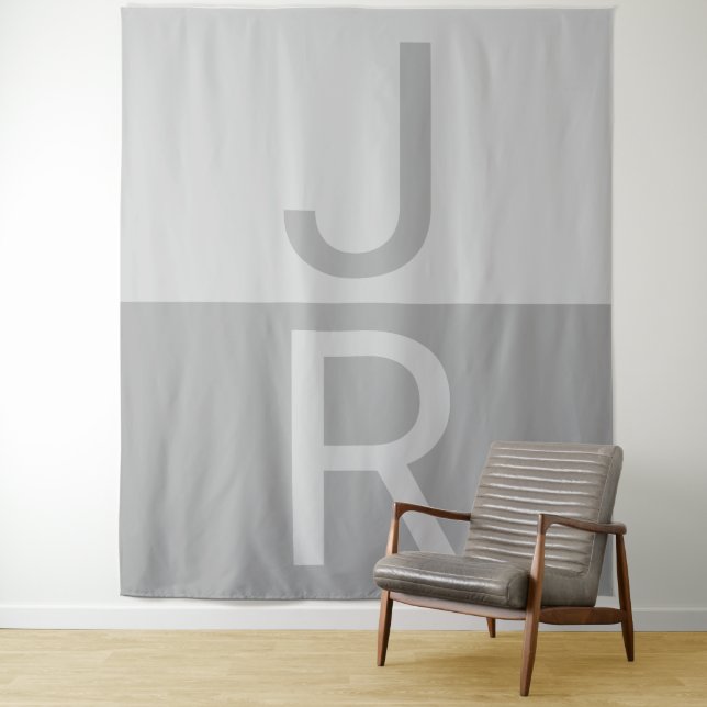 Light Grey & Grey Modern Initials Monogram Tapestry (In Situ)