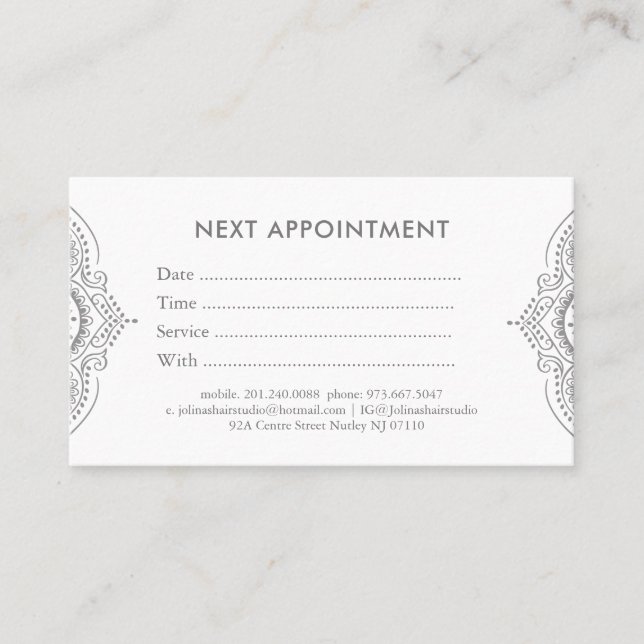 Light-grey lace appointment card (Front)