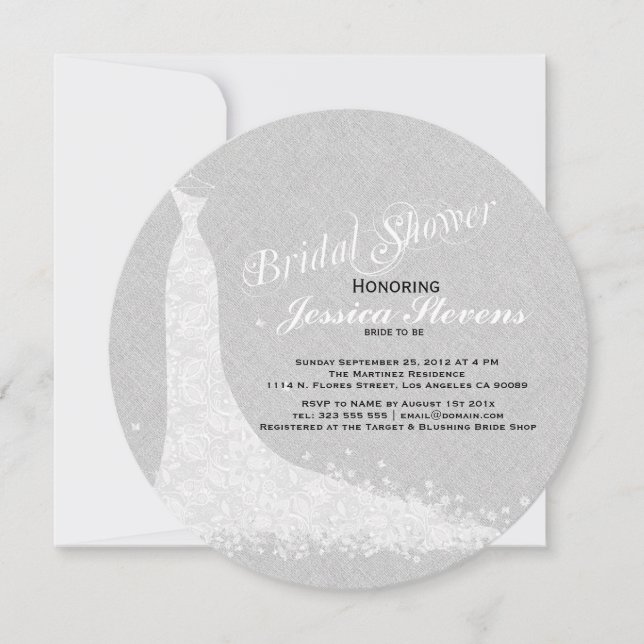Light Grey Linen And White Lace Wedding Dress Invitation (Front)