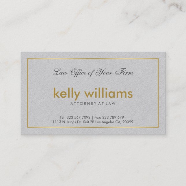 Light Grey Linen Attorney At Law Gold Accent Business Card (Front)
