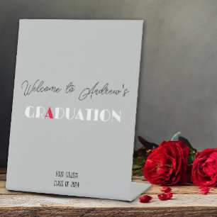 Light grey minimalist white red graduation name pedestal sign