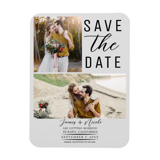 Light Grey Modern 2 Photos Save the Date Wedding Magnet (Vertical)