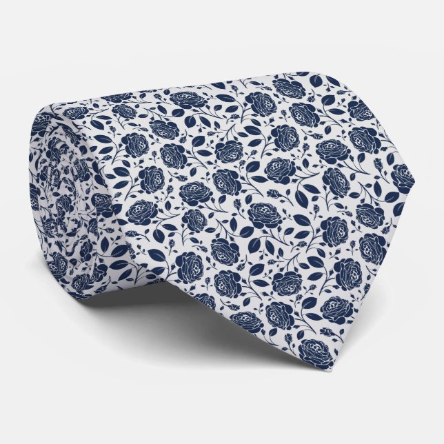 Light Grey Navy Blue Floral Wedding, Professional Tie (Rolled)