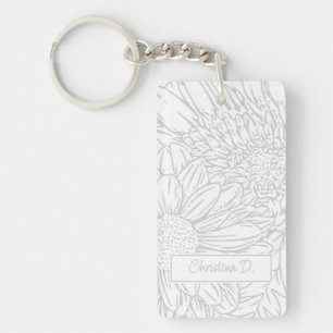 Light Grey on White Chrysanthemums with Photo Key Ring