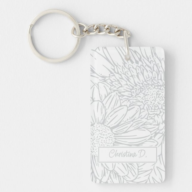 Light Grey on White Chrysanthemums with Photo Key Ring (Front)