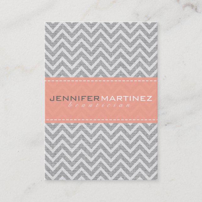Light Grey & Orange Chevron Pattern Linen Look Business Card (Front)